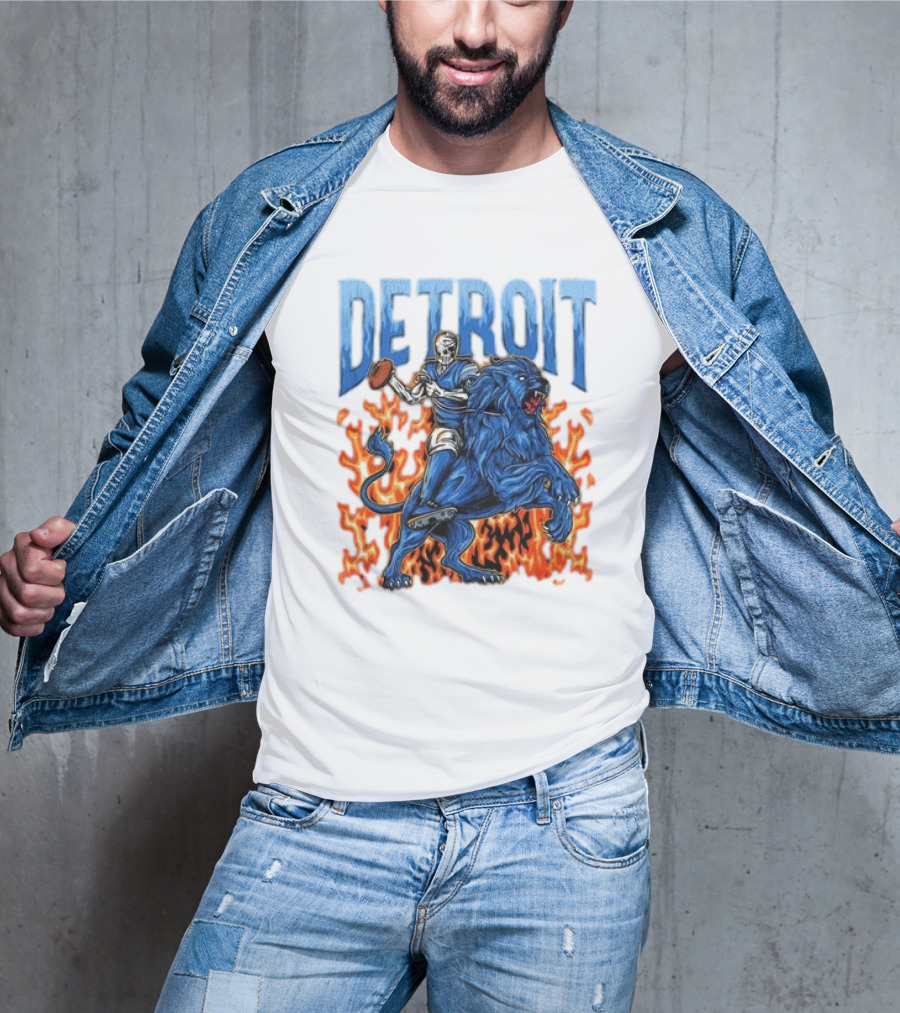 Detroit Lions Skeleton Quarterback Riding Flaming Blue Lion T-Shirt