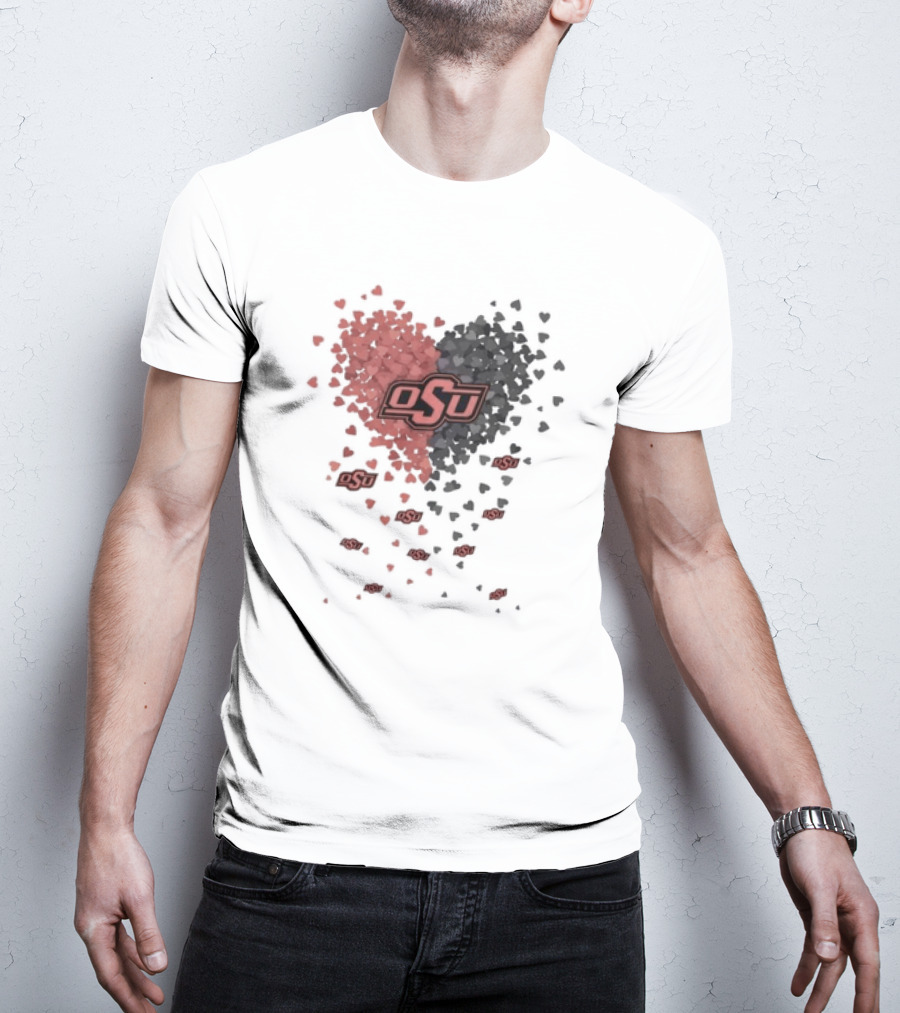 OSU Oklahoma State Cowboys Heart Design Filled With Red And Gray Hearts T-Shirt