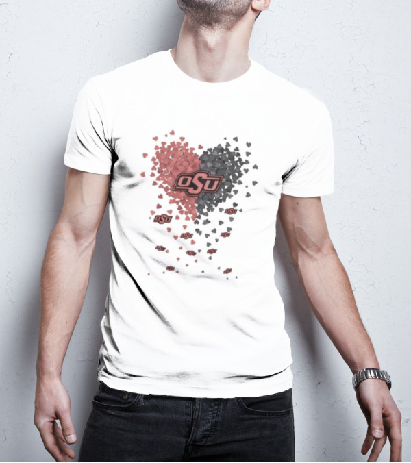 OSU Oklahoma State Cowboys Heart Design Filled With Red And Gray Hearts T-Shirt