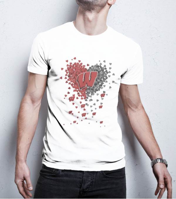 Heart Full Of Wisconsin Badgers Logo With Falling Hearts T-Shirt
