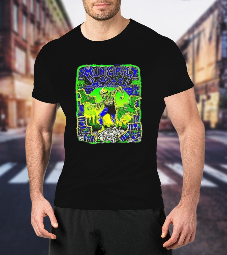 Municipal Waste Radioactive Creature With Toxic Barrels And Green Bats T-Shirt