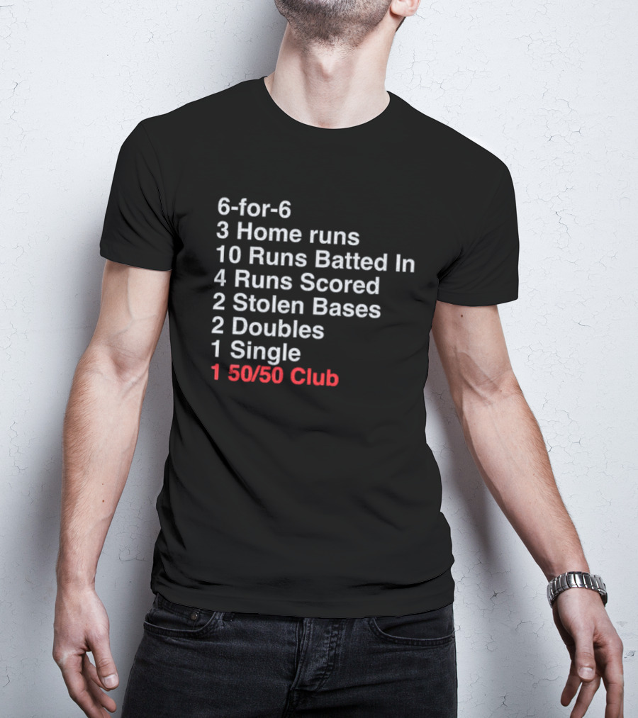 Shohei Ohtani 6-for-6 3 Home Runs 10 Runs Batted In 4 Runs Scored 2 Stolen Bases 2 Doubles 1 Single 50-50 Club T-Shirt
