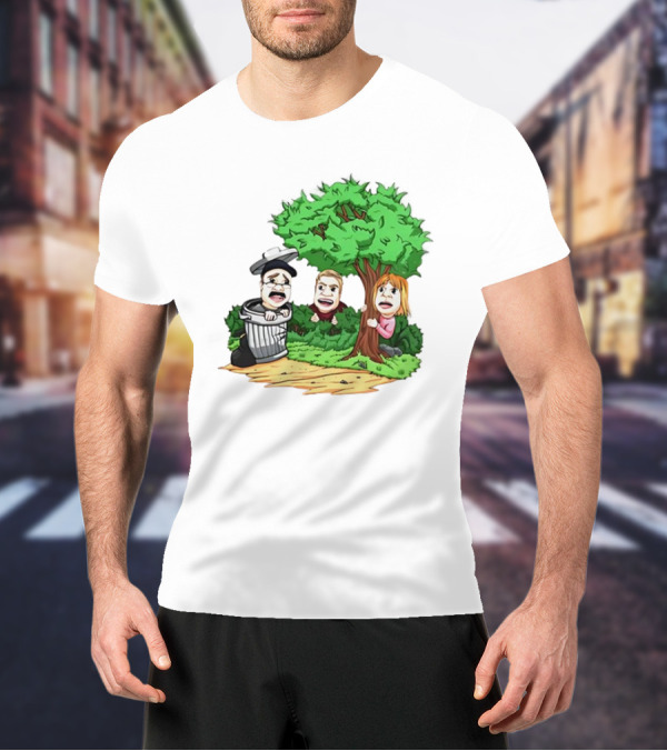 Artem Potokin Little Me Cartoon Characters Hiding Behind Tree And Trash Can T-Shirt