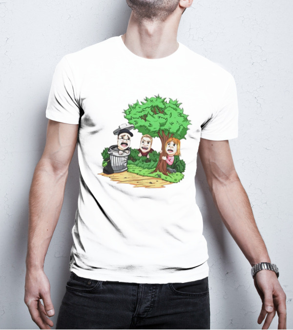 Artem Potokin Little Me Cartoon Characters Hiding Behind Tree And Trash Can T-Shirt