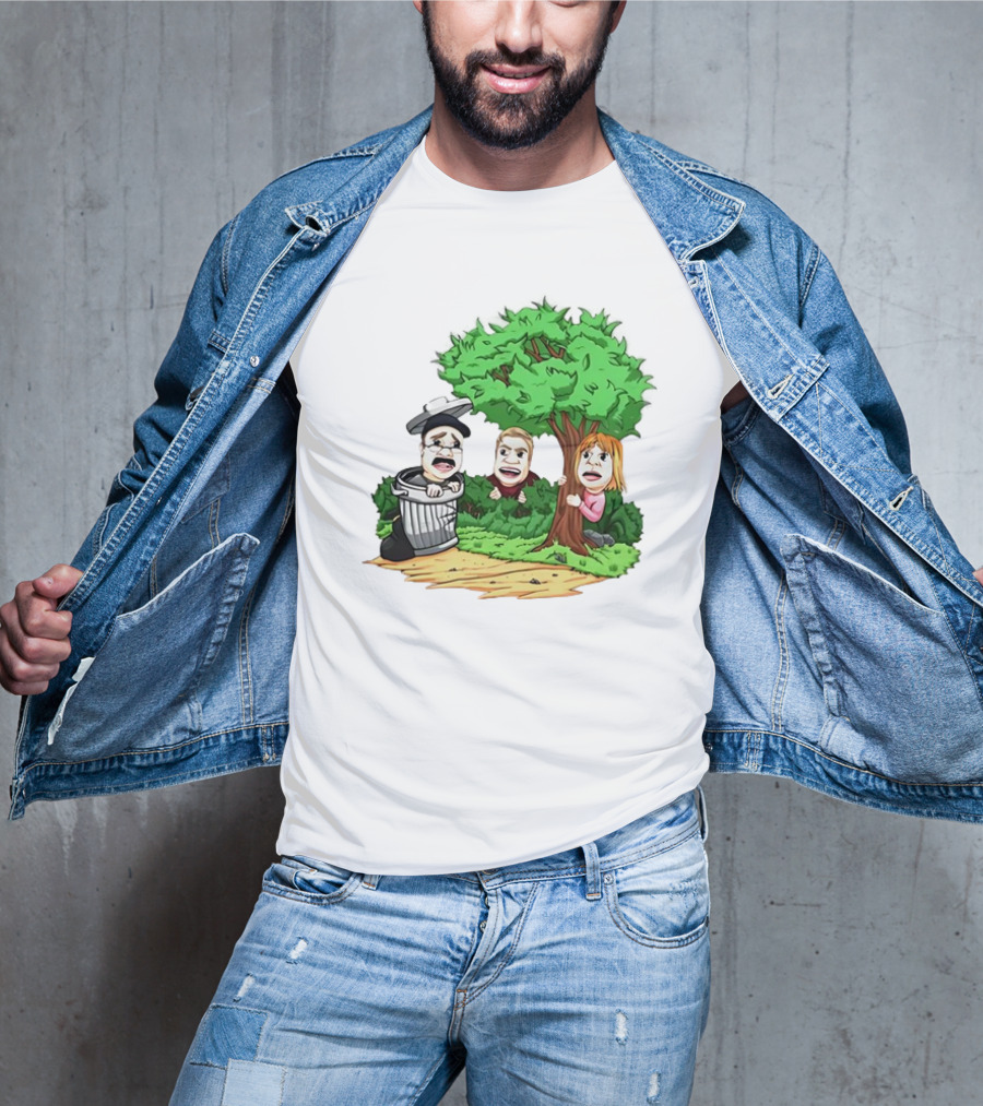 Artem Potokin Little Me Cartoon Characters Hiding Behind Tree And Trash Can T-Shirt