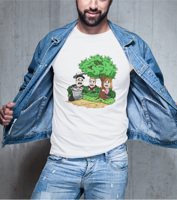 Artem Potokin Little Me Cartoon Characters Hiding Behind Tree And Trash Can T-Shirt