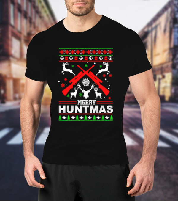 Merry Huntmas Christmas Reindeer Guns And Antlers Holiday T-Shirt