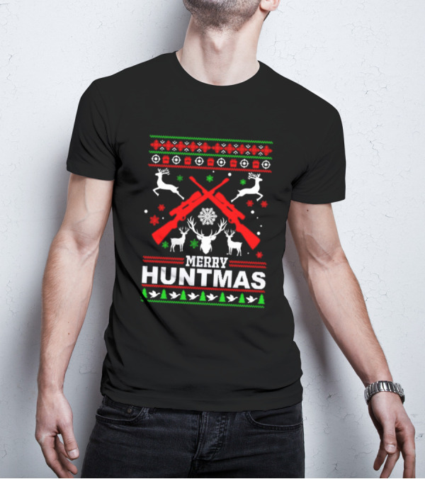 Merry Huntmas Christmas Reindeer Guns And Antlers Holiday T-Shirt