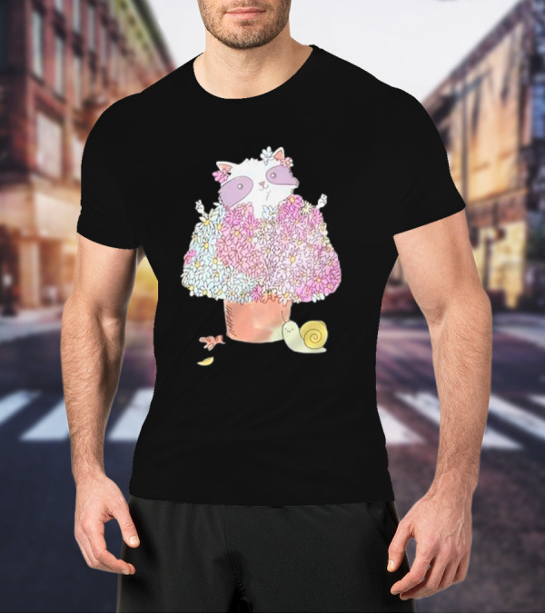Raccoon In Floral Pot With Snail And Blossoms T-Shirt
