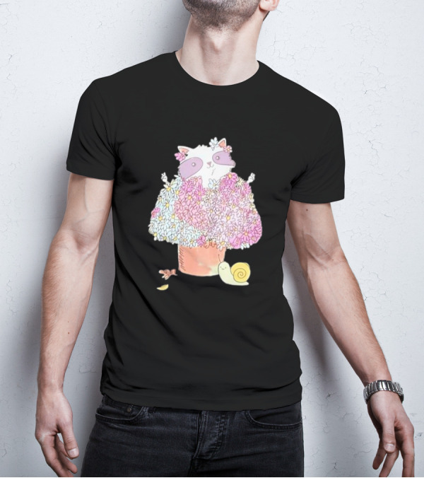 Raccoon In Floral Pot With Snail And Blossoms T-Shirt