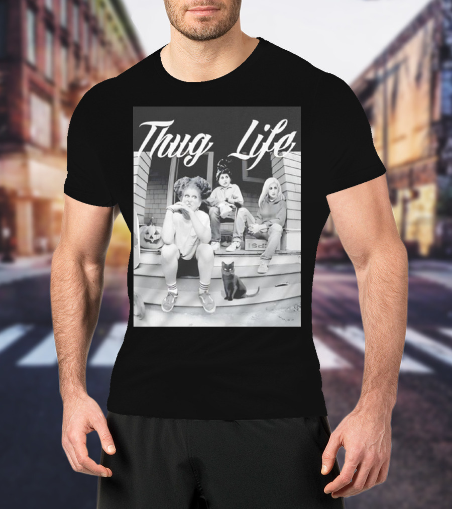 Hocus Pocus Thug Life Witchy Trio With Black Cat And Pumpkin Porch Scene T-Shirt
