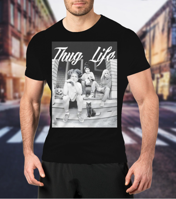 Hocus Pocus Thug Life Witchy Trio With Black Cat And Pumpkin Porch Scene T-Shirt