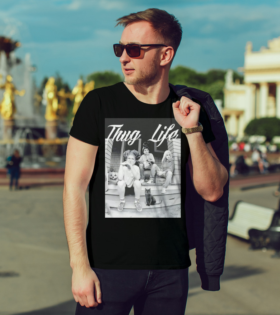 Hocus Pocus Thug Life Witchy Trio With Black Cat And Pumpkin Porch Scene T-Shirt