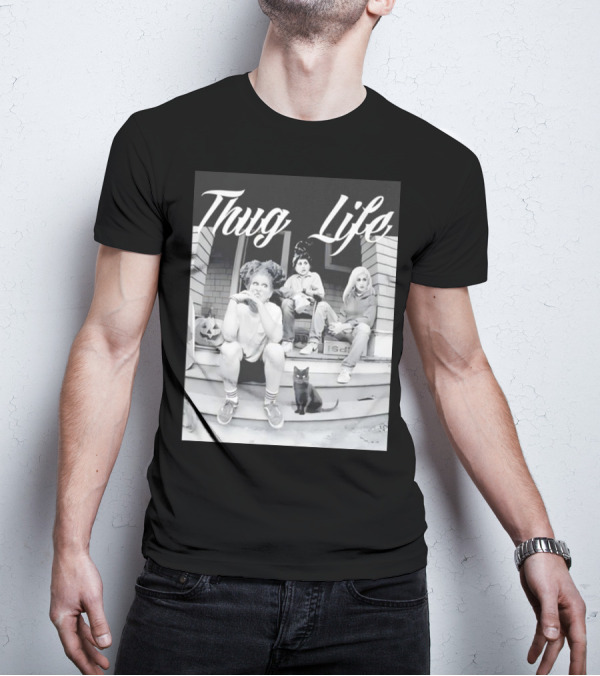 Hocus Pocus Thug Life Witchy Trio With Black Cat And Pumpkin Porch Scene T-Shirt