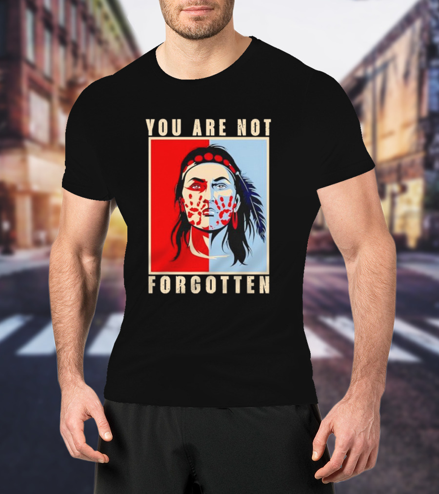 You Are Not Forgotten Awareness Native American Indian Red Handprint Feather Profile T-Shirt