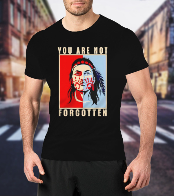 You Are Not Forgotten Awareness Native American Indian Red Handprint Feather Profile T-Shirt