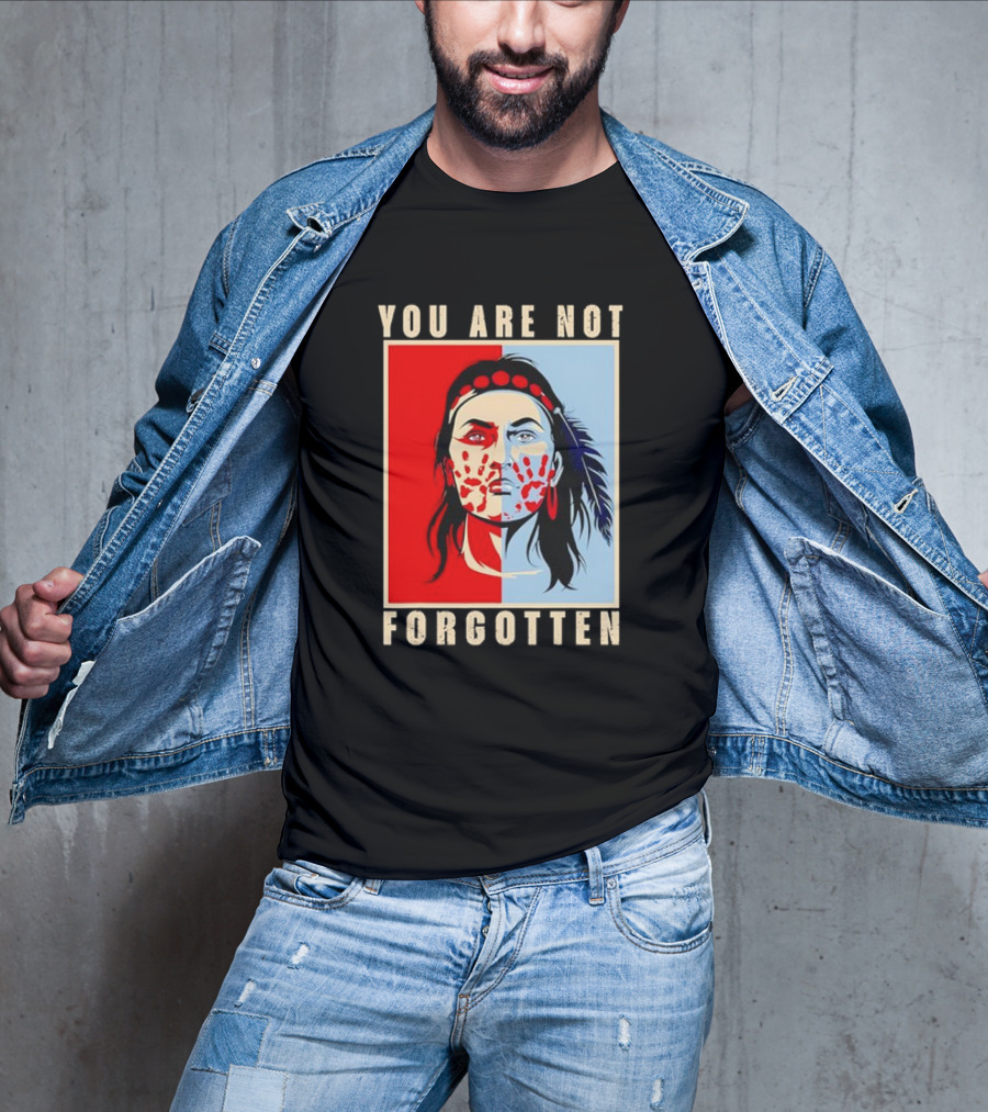 You Are Not Forgotten Awareness Native American Indian Red Handprint Feather Profile T-Shirt