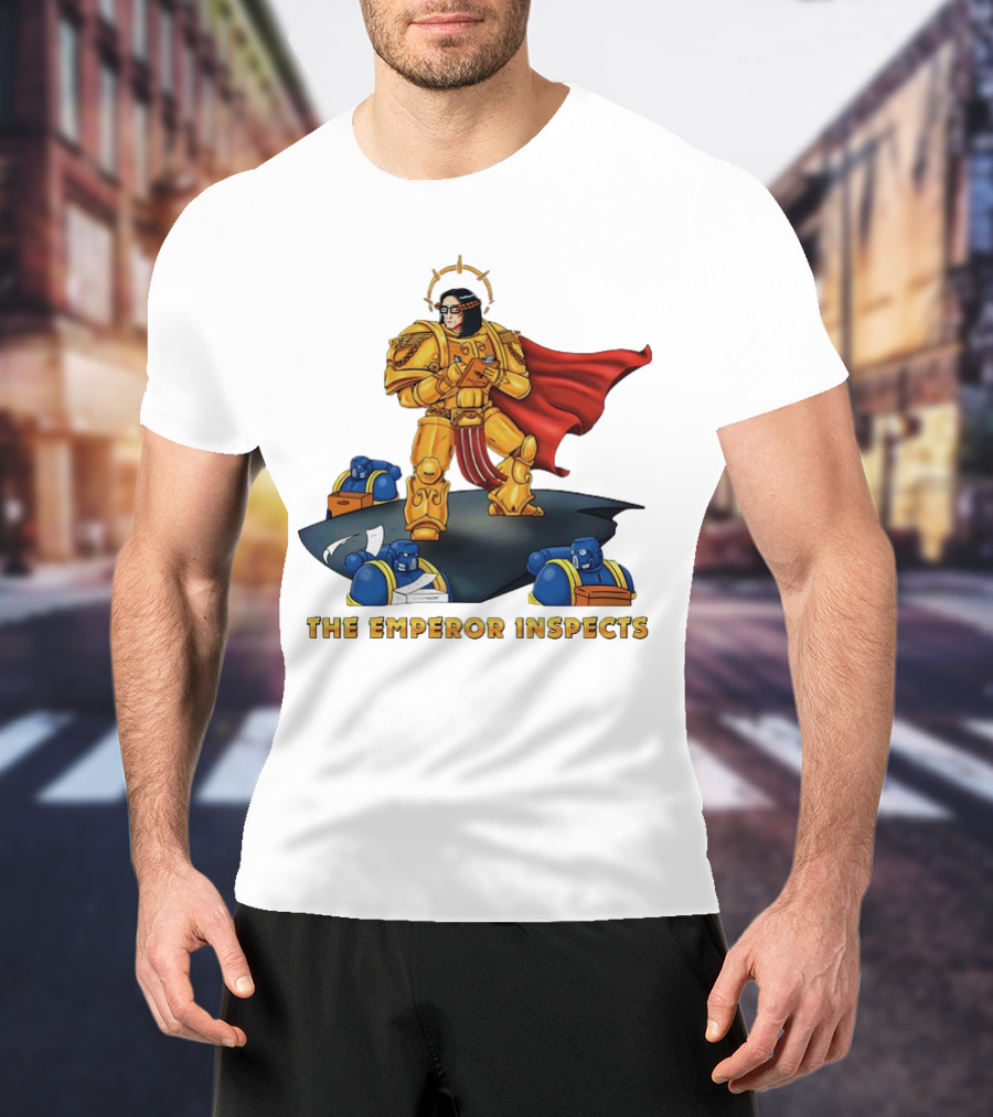 The Emperor Inspects Power Armor With Red Cape And Space Soldiers On Dark Platform T-Shirt
