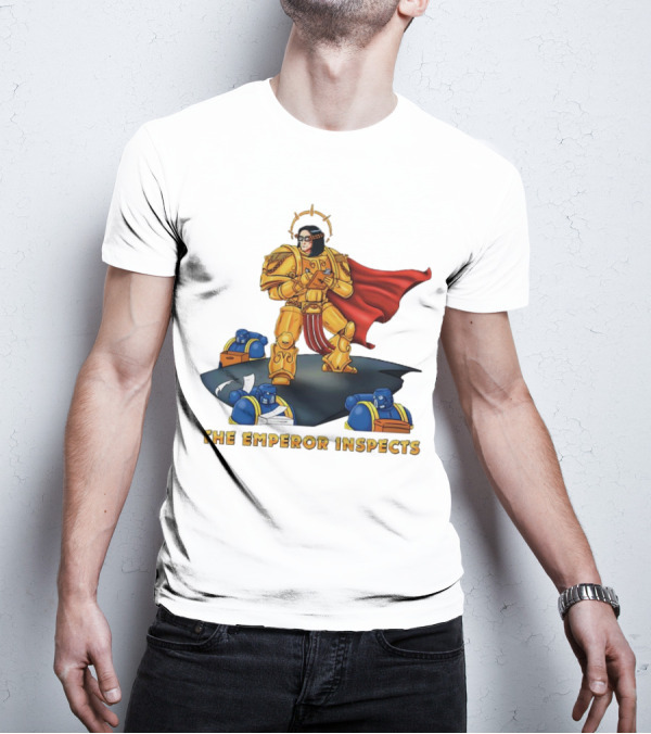 The Emperor Inspects Power Armor With Red Cape And Space Soldiers On Dark Platform T-Shirt