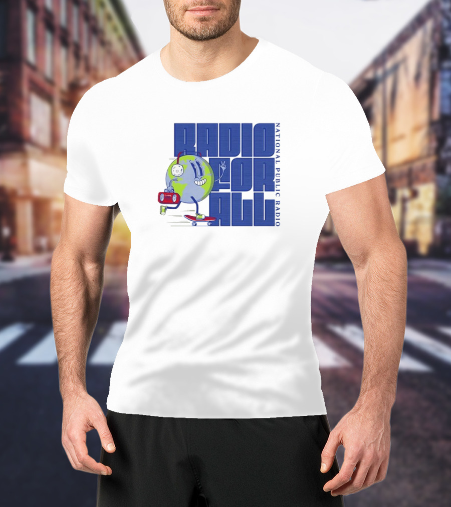 RADIO FOR ALL National Public Radio Cartoon Skateboarding Globe T-Shirt
