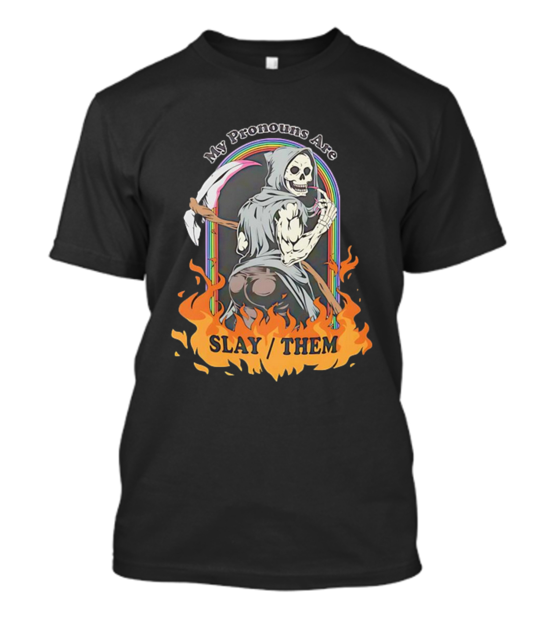 Skeleton My Pronouns Are Slay Them Cartoon Retro Rainbow Flames T-Shirt