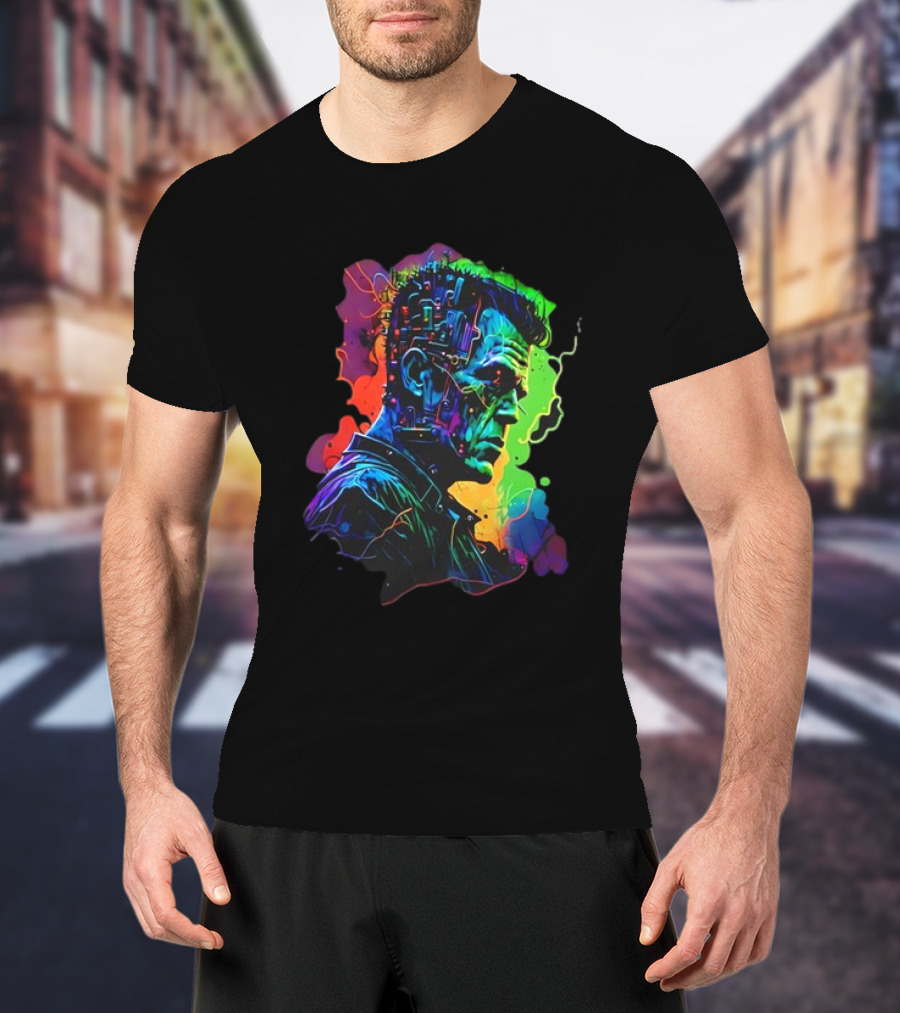Cyberpunk Frankenstein Neon Circuit Profile T-Shirt