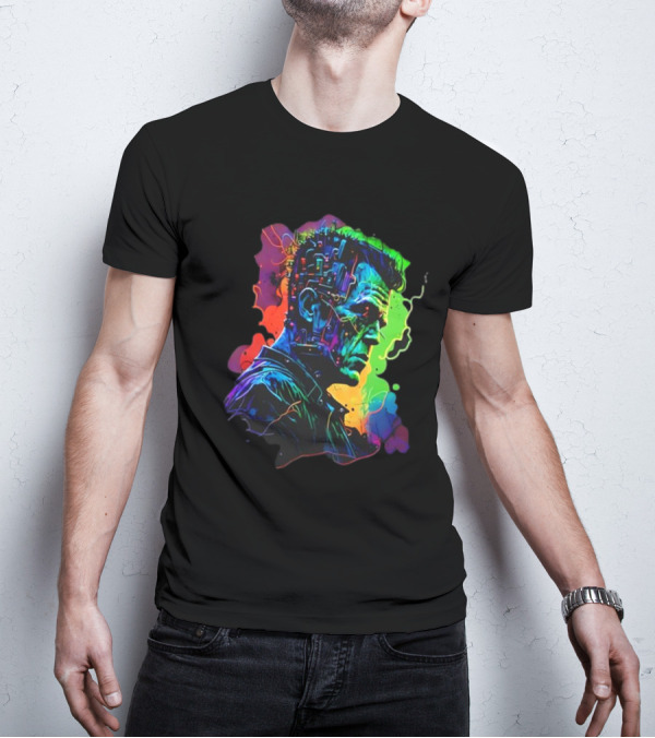 Cyberpunk Frankenstein Neon Circuit Profile T-Shirt