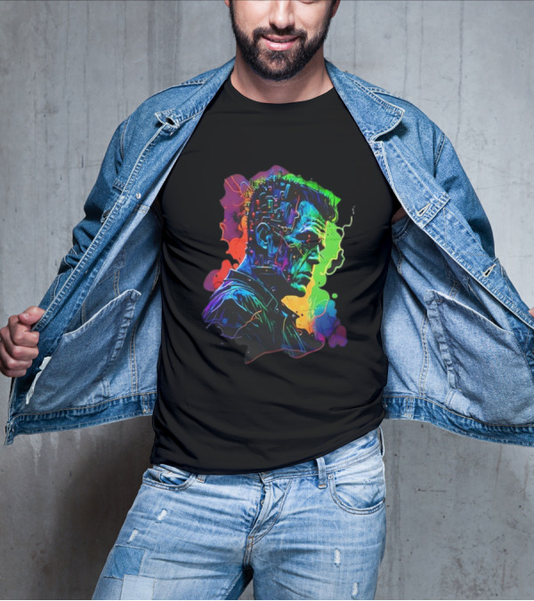 Cyberpunk Frankenstein Neon Circuit Profile T-Shirt