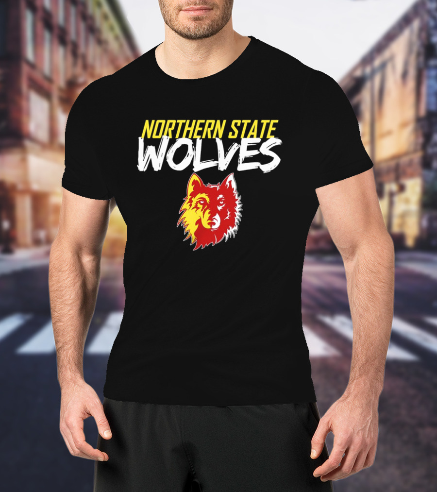 Northern State Wolves Yellow And Red Graffiti Wolf Face T-Shirt