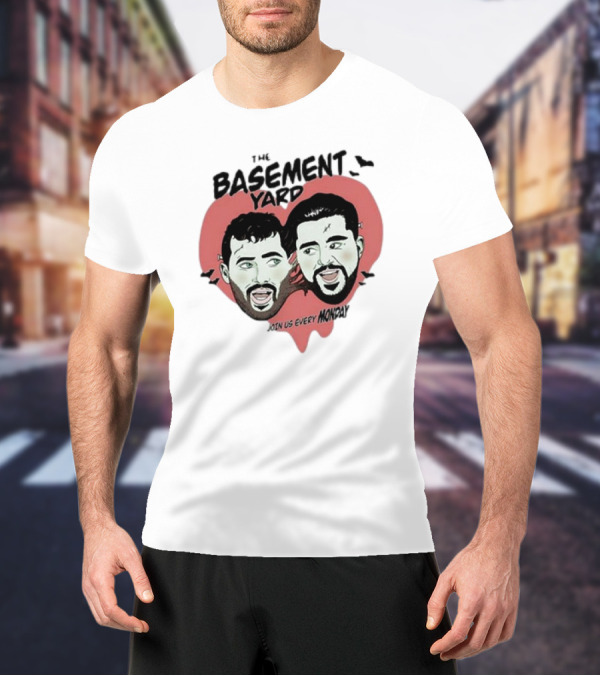 The Basement Yard Join Us Every Monday Spooky Season With Two Characters And Bats T-Shirt