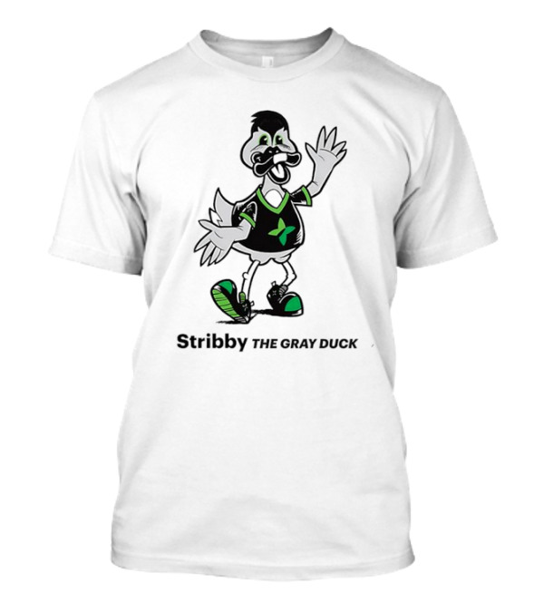Stribby The Gray Duck Cartoon Mascot With Green And Black T-Shirt