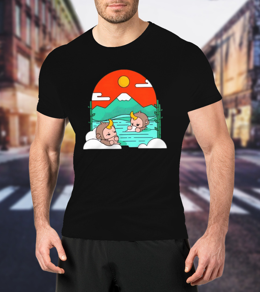 Connor Colquhoun The Tranquil Cute Monkeys In Vibrant Mountain Hot Spring Scenery With Sun And Clouds T-Shirt
