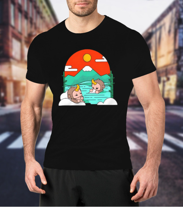 Connor Colquhoun The Tranquil Cute Monkeys In Vibrant Mountain Hot Spring Scenery With Sun And Clouds T-Shirt