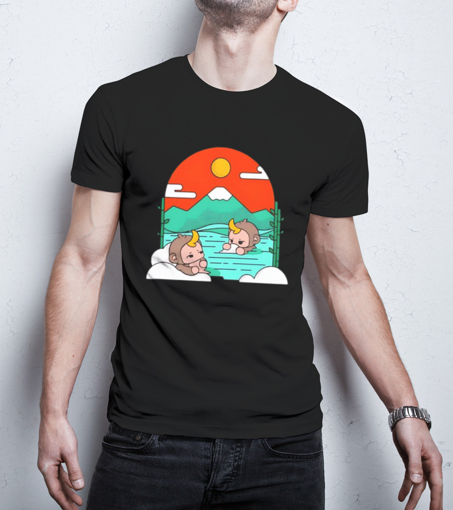 Connor Colquhoun The Tranquil Cute Monkeys In Vibrant Mountain Hot Spring Scenery With Sun And Clouds T-Shirt