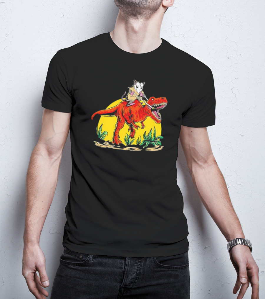 Opossum Riding T-Rex Dinosaur Retro Sunset Forest Scene T-Shirt