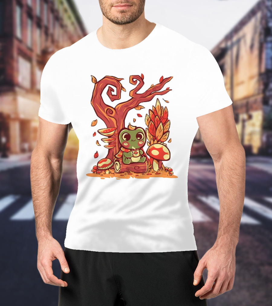 Cozy Autumn Days Cute Frog Enjoying Fall Leaves T-Shirt