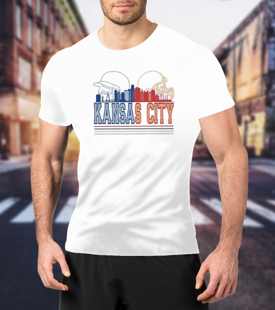 Kansas City Skyline Featuring Kansas City Chiefs Royals Helmets T-Shirt