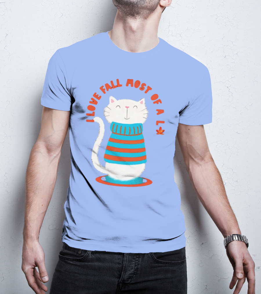 I Love Fall Most Of All Cat In Striped Sweater With Leaf T-Shirt