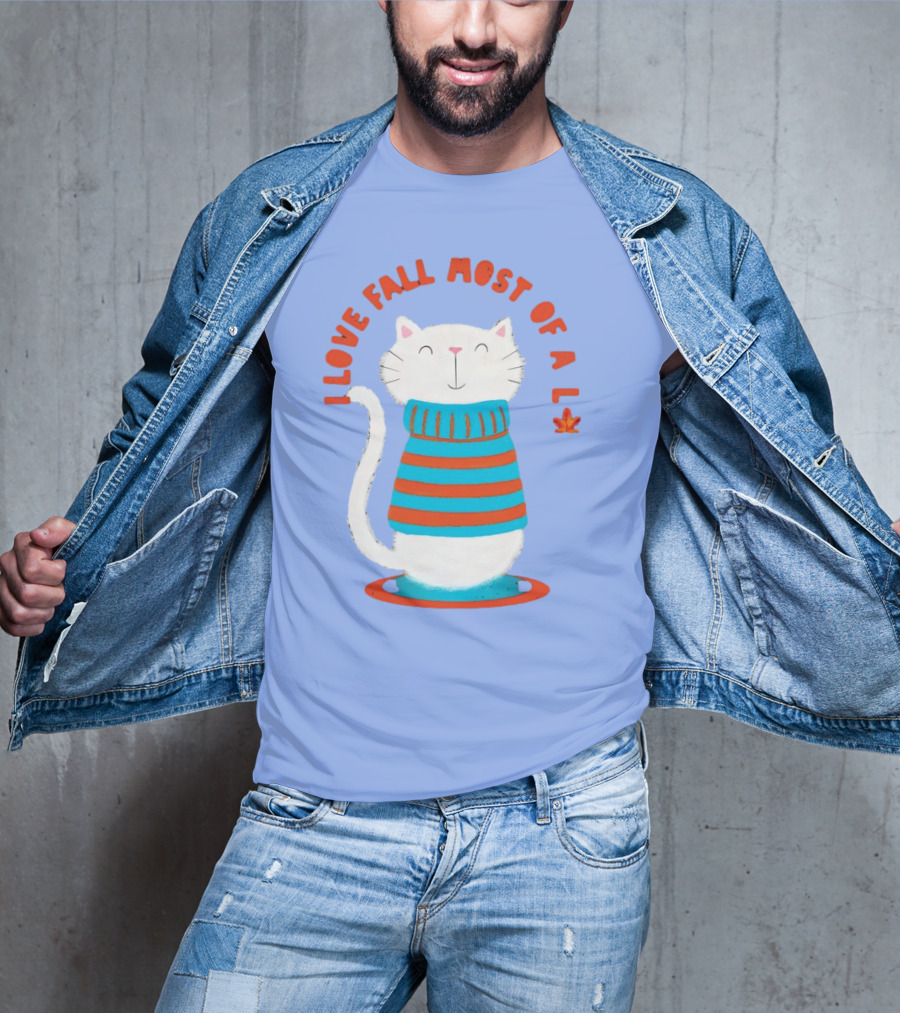 I Love Fall Most Of All Cat In Striped Sweater With Leaf T-Shirt