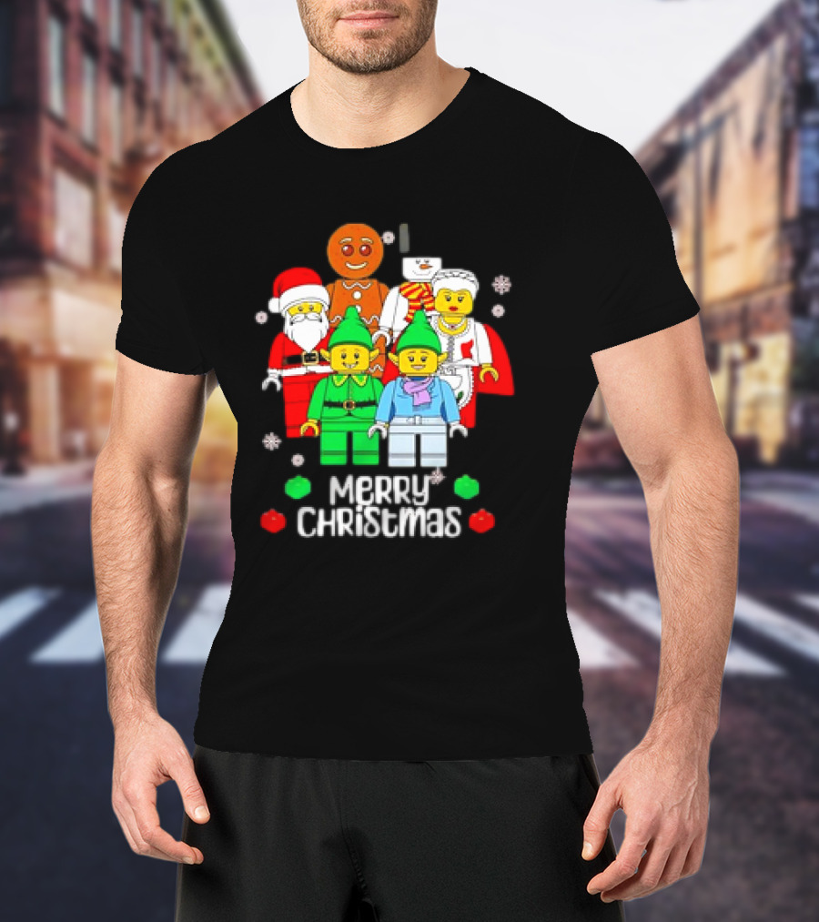Merry Christmas Santa Elf Snowman Gingerbread Building Bricks Figures T-Shirt