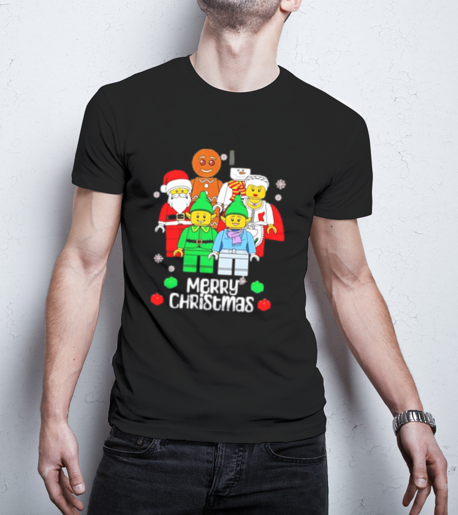Merry Christmas Santa Elf Snowman Gingerbread Building Bricks Figures T-Shirt