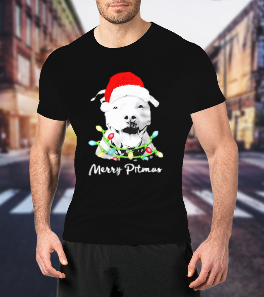 Merry Pitmas Pit Bull Santa With Christmas Tree Lights T-Shirt