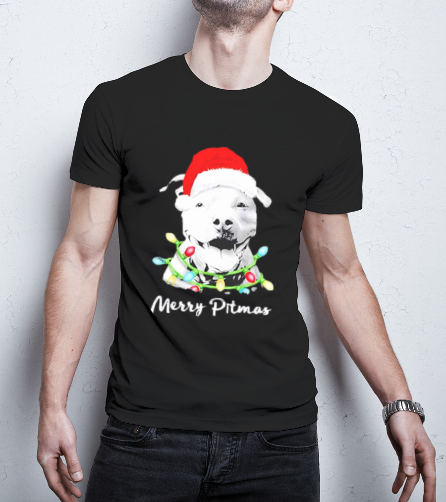 Merry Pitmas Pit Bull Santa With Christmas Tree Lights T-Shirt