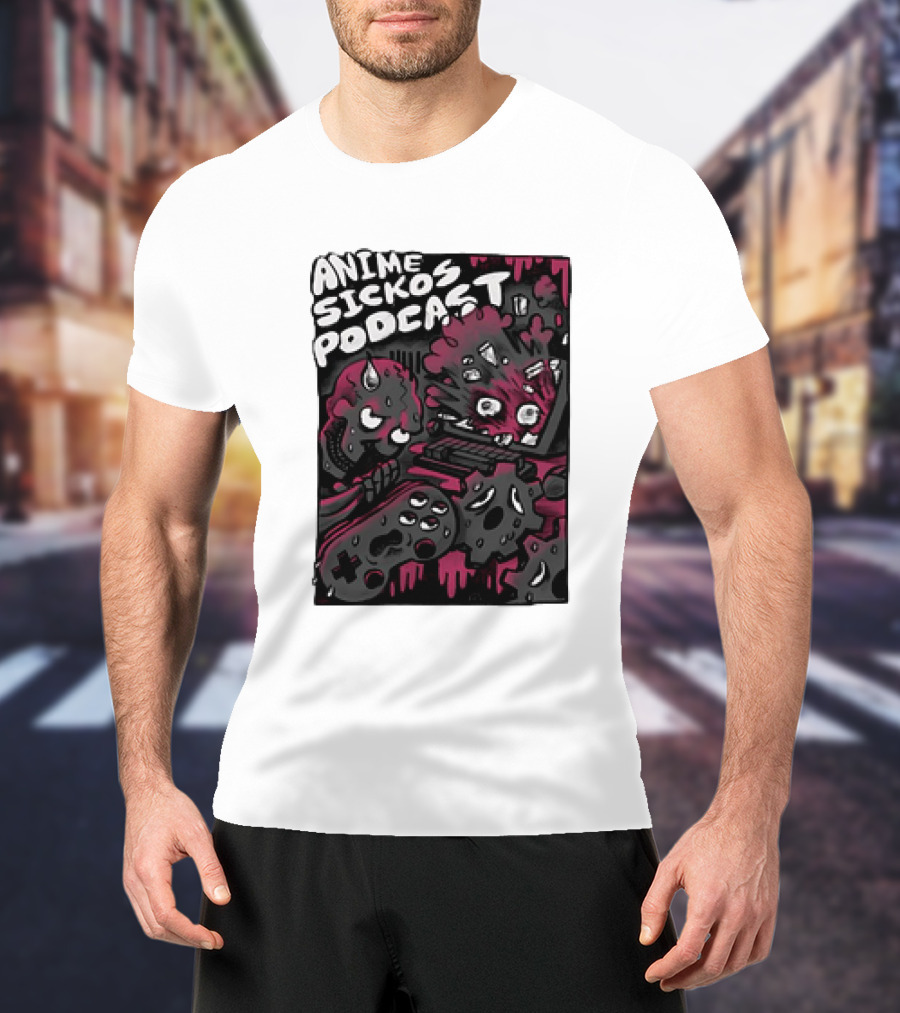 Anime Sickos Podcast Game Controllers Dripping Pink And Black Monster Faces T-Shirt