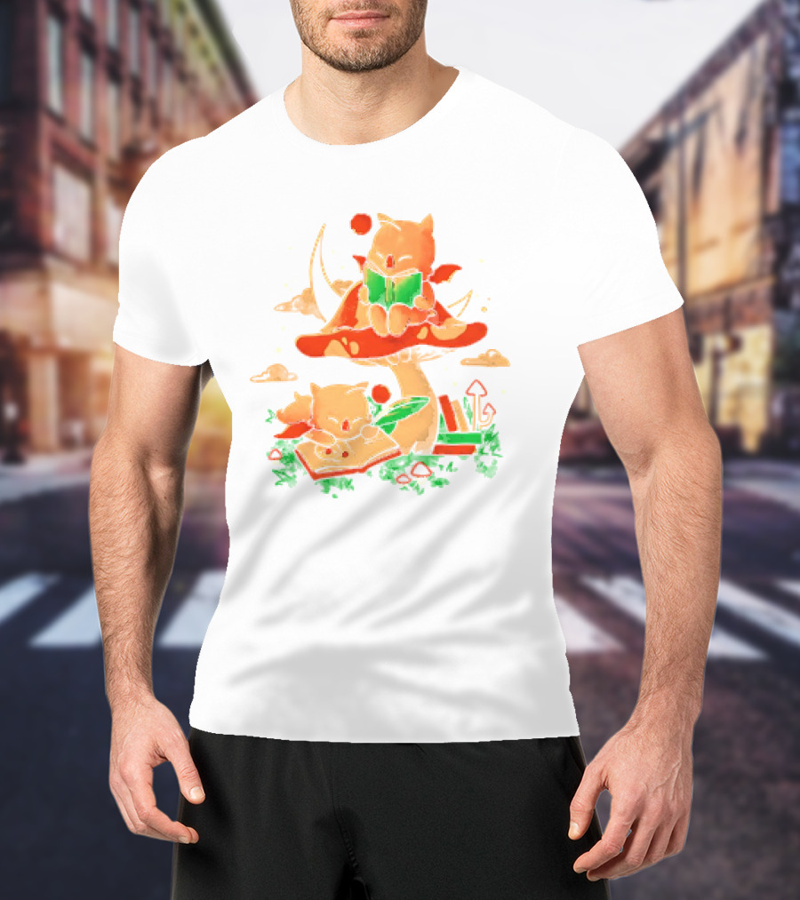 Cat Kupo Moogles Reading On Mushroom With Books T-Shirt