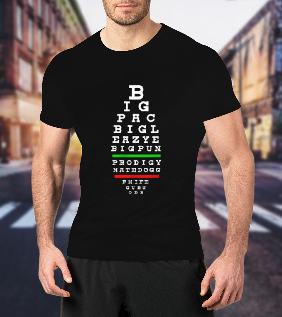 BIG PAC BIG L EAZY E BIG PUN PRODIGY NATE DOGG PHIFE GURU ODB Eye Chart Old School Hip Hop Rap Legends 90s Hiphop T-Shirt