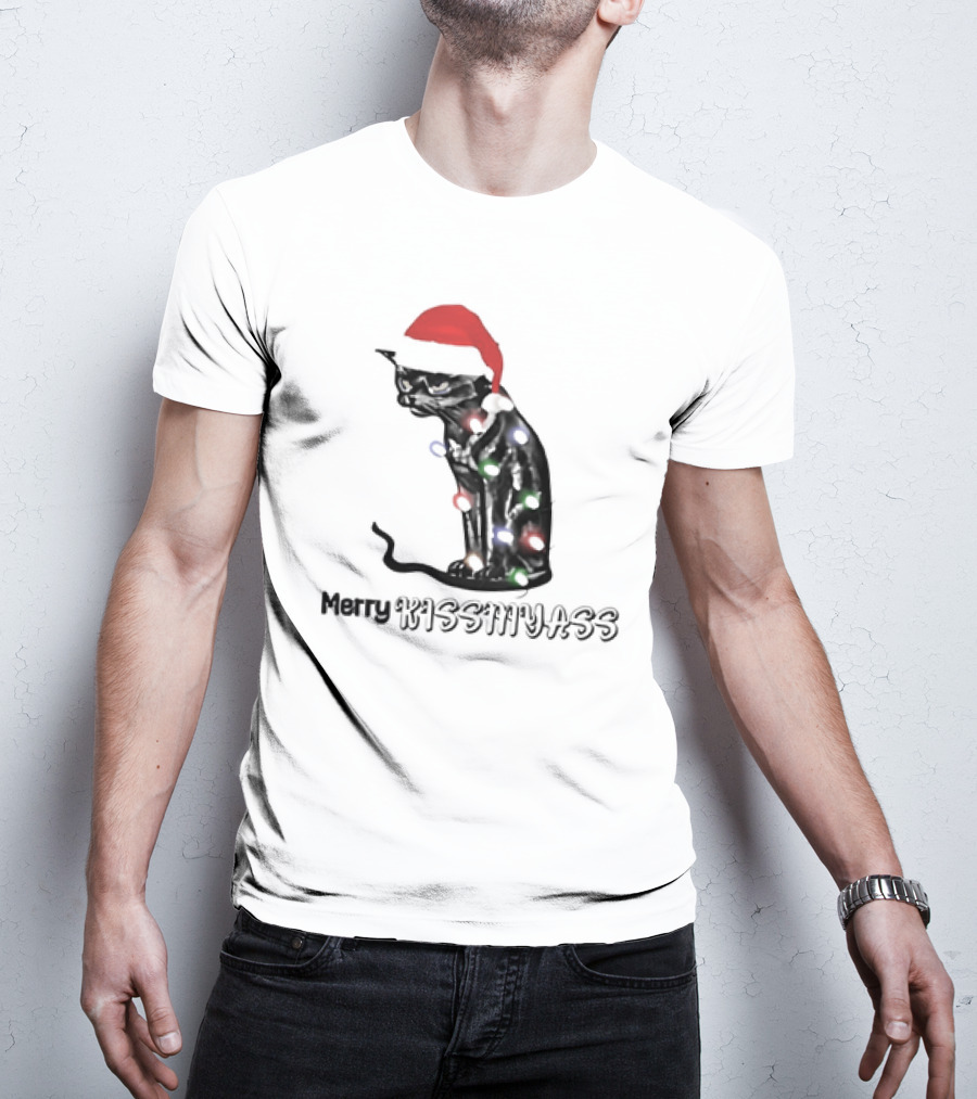 Merry Kiss My Ass Cat Christmas Lights Santa Hat T-Shirt