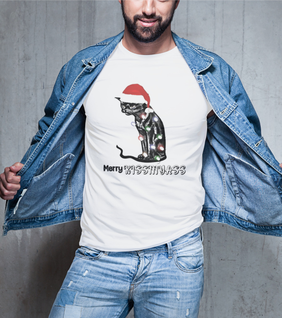 Merry Kiss My Ass Cat Christmas Lights Santa Hat T-Shirt