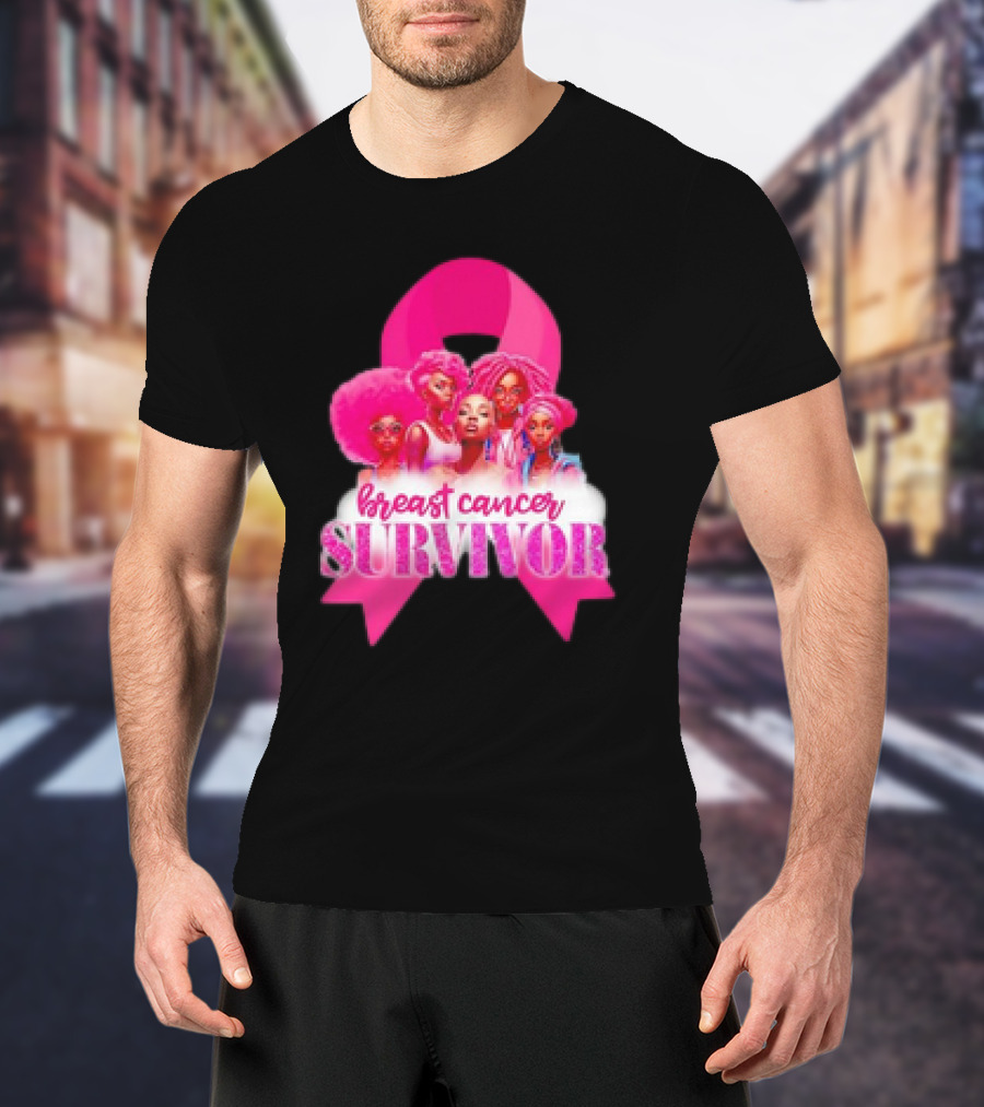 Breast Cancer Survivor Pink Ribbon Black Women Melanin Warrior T-Shirt
