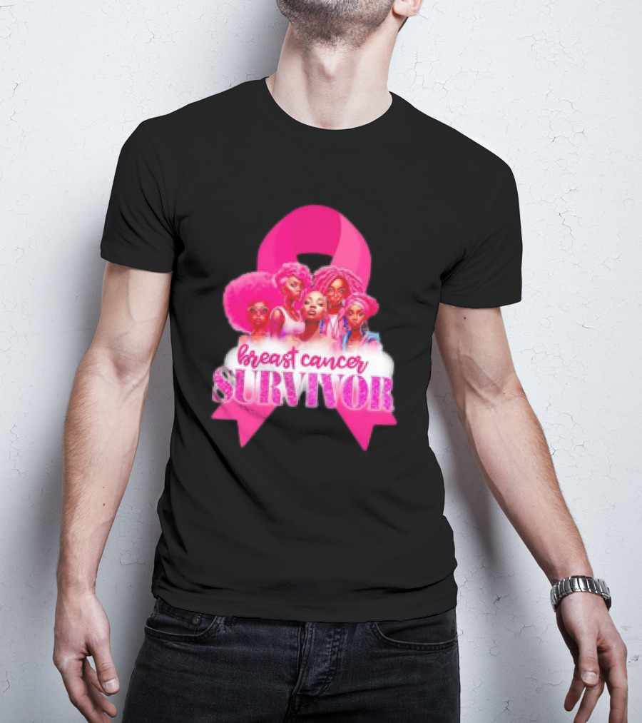 Breast Cancer Survivor Pink Ribbon Black Women Melanin Warrior T-Shirt